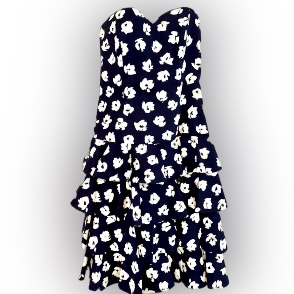 Vintage 80s 90s Dress Strapless Ruffled Cocktail Patty O’Neil Navy White Floral - Picture 8 of 8